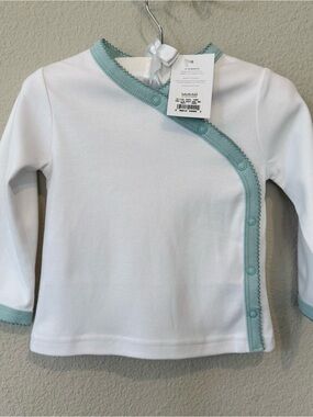 NWT Restoration Hardware baby&child White Long-Sleeve Top with Aqua Trim, 12-18m